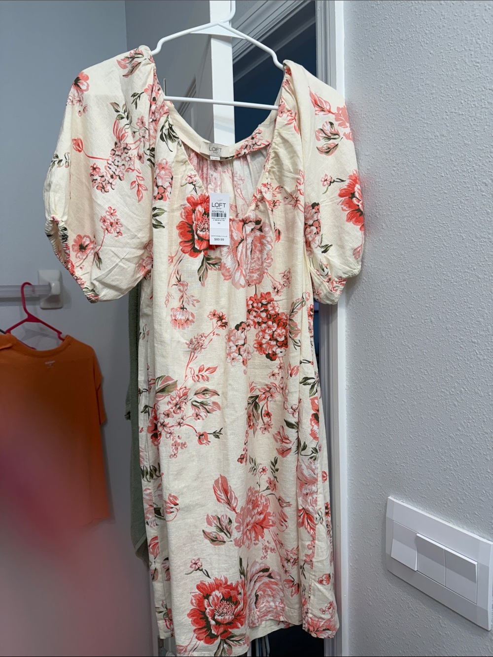 LOFT Cream Midi Dress with Coral and Green Floral Print